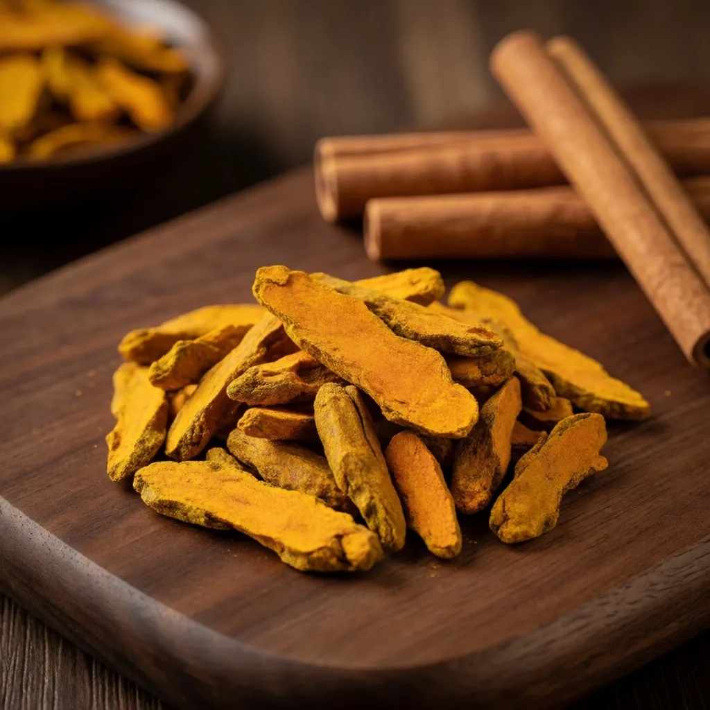Dried turmeric and cinnamon bark on a walnut board