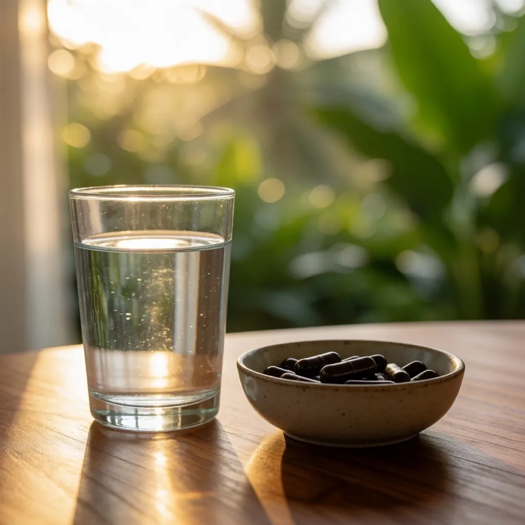 Morning wellness routine with water, fruit, and supplements on a wooden table